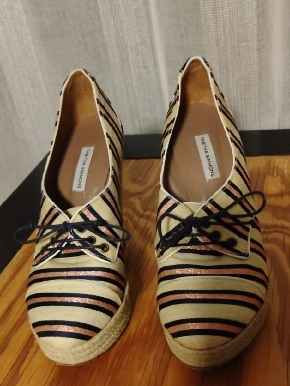 Tabitha Simmons Espadrille Wedge Oxfords - Black, Cream & Rose Gold Stripe